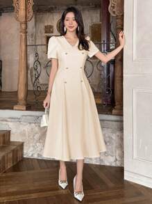 DAZY Vestido de mujer a media pierna de unicolor con cuello en V, mangas abullonadas y plisado - Beis - Ver 3