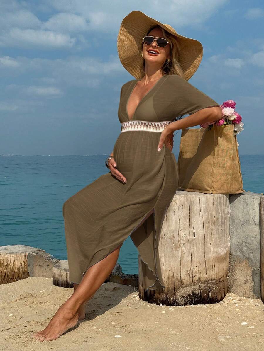 SHEIN Kobiety w ciąży dekolt w serek patchwork szydełkowy koronkowy obszycie blok kolorów okładka okładka