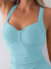 Swim Basics Women's Solid Color Pleated Cross Back One-Piece Swimsuit For Holiday For Summer Beach Vacation