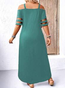 SHEIN LUNE Plus Size Shoulder Strap Off-Shoulder Short Sleeve Dress Maxi Women Outfit - Cadet Blue - View 2