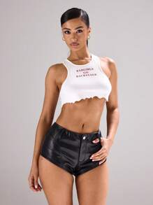 MUSERA Racer Neck Cropped Slogan Ribbed Tank Top Festival, Concert, Rave, Club, Summer, Sexy Backstage Graphic Tees Fall - White - View 1