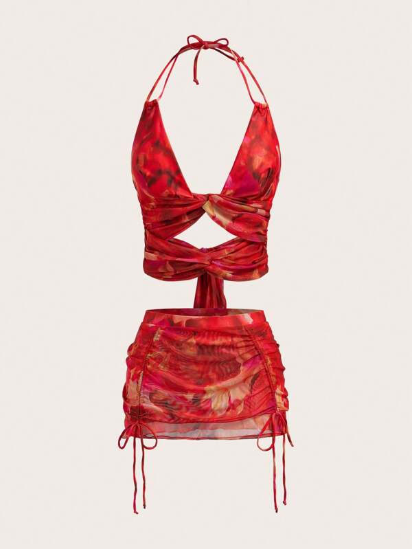 Opulessa Conjunto de traje de baño de verano compuesto por top halter con espalda descubierta y falda mini sexy para mujer