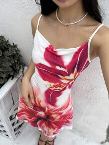SHEIN Teen Girls' Casual Fitted Floral Print Cami Dress, Comfortable And Simple - Red - View 6