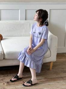 Tween Girl Minimalist Cartoon Pattern Round Neck Short Sleeve Ruffle Hem Loose Casual Nightgown - Mauve Purple - View 3
