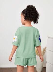 2件套少女纯色针织圆领碎花T恤和短裤 - 綠色 - 查看 5