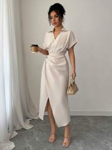 Elenzga Abito elegante da donna con vita plissettata e spacco, colore unito, adatto per l'estate