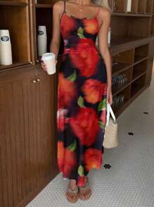 SHEIN MOD Casual Black &Red Floral Minimalist Ruched Waist Flared Hem Sleeveless Dress,Boho,Vacation,Beach - Multicolor - View 5