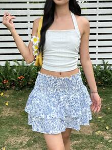 SHEIN Leap Crew Falda casual para adolescentes con cintura fruncida y detalle de volantes, cómoda y sencilla - Azul - Ver 6