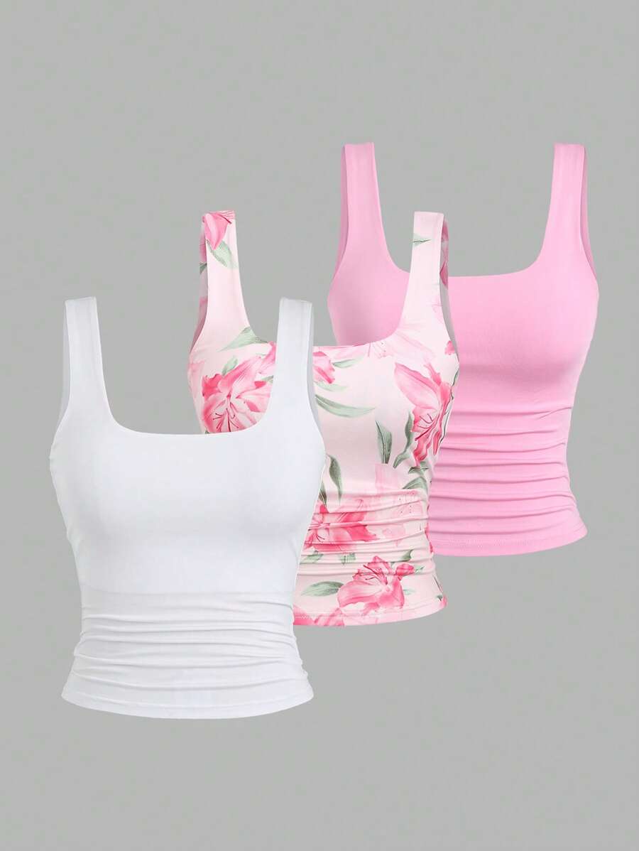 Sweetra Women's Summer Square Neck Ruched Slim Fit Casual Camisole - Multicolor - View 1