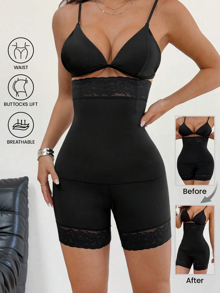 SHEIN EZwear High Waist Tummy Control Pants With Floral Hem And Zipper - Black - View 1