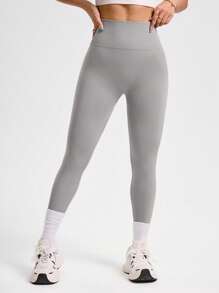 SHEIN Velisys Quần legging thể thao cạp cao co giãn kiểm soát bụng màu trơn cho nữ - Xám - Xem 4