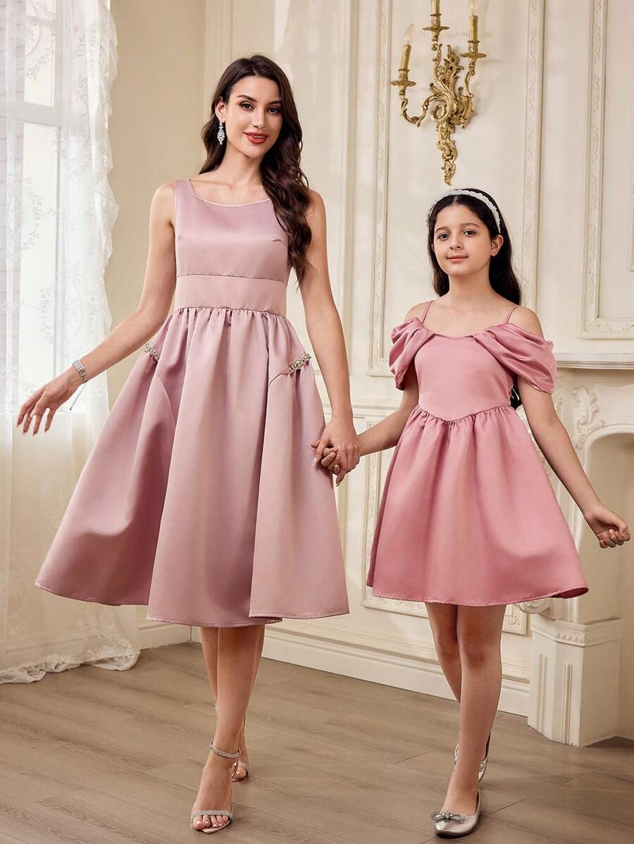 Tween Girl Elegant Satin Slip Dress, Summer Pink, Mommy And Me Matching Outfits (2 Pieces Sold Separately) - Pink - View 1
