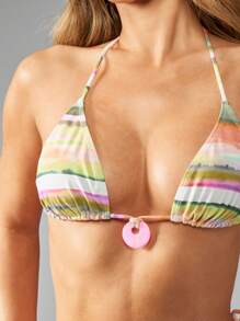 MISSGUIDED Watercolor Rainbow Striped Two Piece Triangle String Summer Beach Bikini Set With Tie Side Bottom And Ruched Top Circle Charm Detail - Multicolor - View 6