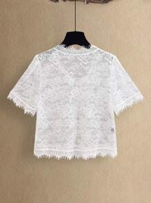 SHEIN Unity Women's Summer Solid Color Lace V-Neck Faux Pearl Beaded T-Shirt - White - View 2
