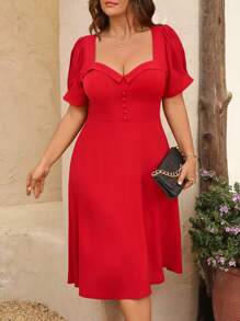 SHEIN Clasi Abito estivo elegante da donna in taglie forti, a maniche a sbuffo, colore unito, adatto per l'uso quotidiano