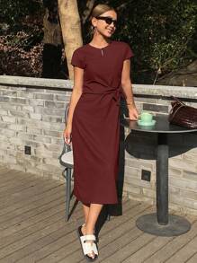 Livesso Women Solid Color Loose Round Neck Short Sleeve Drawstring Casual Elegant Floor Length Summer Dress Linen