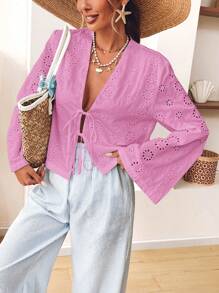 SHEIN VCAY Große Größen Lässige unifarbene Loose Fit Bluse aus Gewebe mit Langarm und Schleife Vorne für Frauen - Pink - Übersicht 3