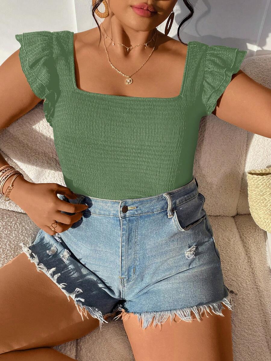 SHEIN VCAY Maglietta aderente a maniche corte con scollo quadrato, tinta unita, casual, estiva, taglie comode - Verde - Visualizzare 1