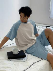 DAZY 字母印花拼布撞色柔软面料男士睡衣套装，夏季