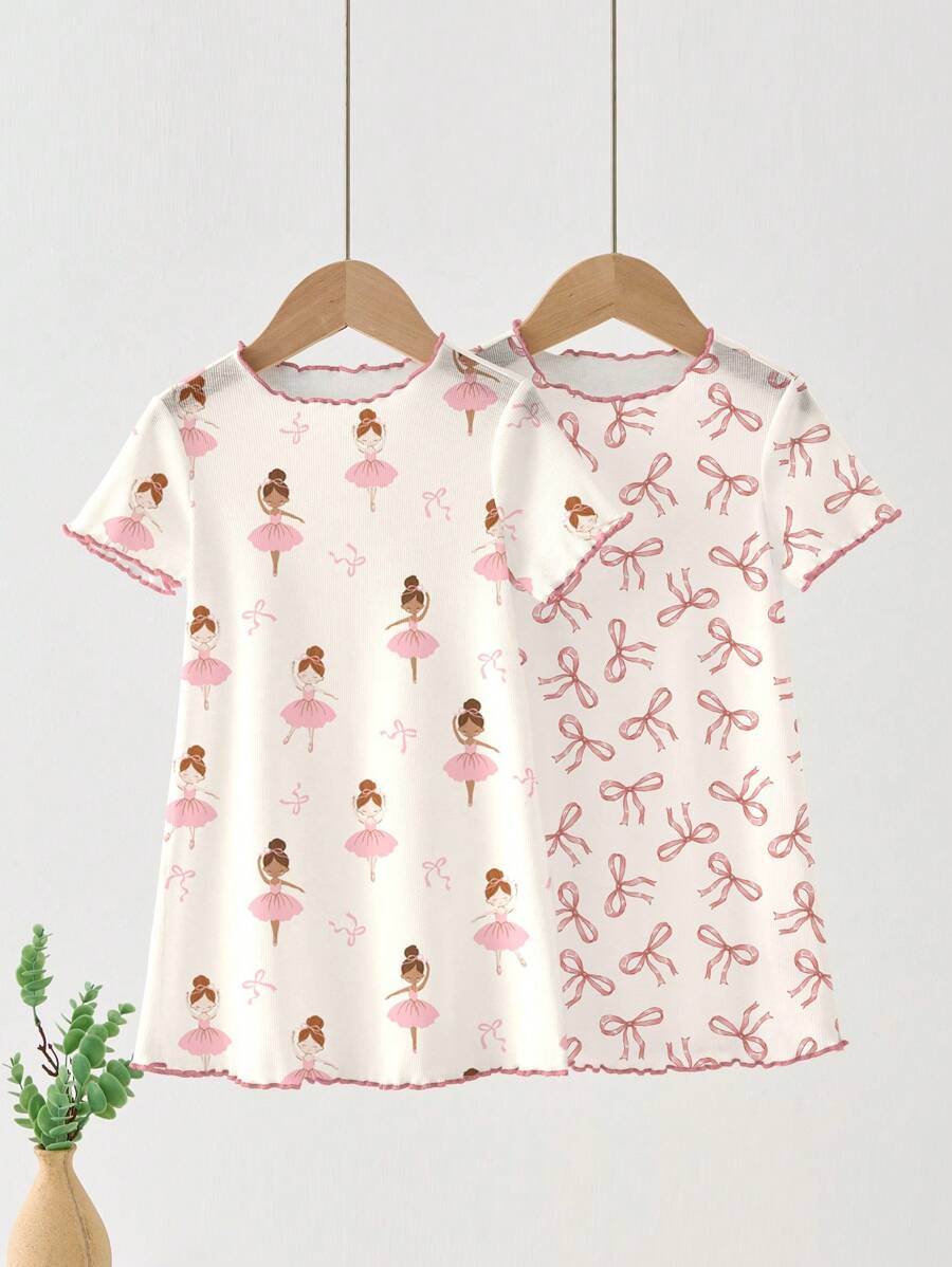 SHEIN 2pcs Baby Girls Ballet Dancer Bow Decor Ruffle Hem Dress Sleepwear Set, Multi-Pieces For Summer - Multicolor - View 1
