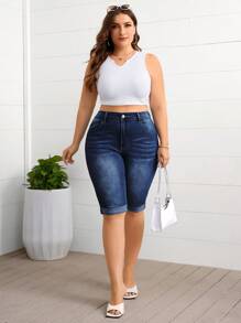SHEIN Essnce Plus Size Casual Washed Slim Fit Denim Shorts - Dark Wash - View 4