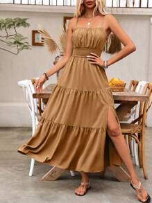 Breezaya 女士节日褶皱吊带长裙度假海滩装 - 棕色 - 查看 4
