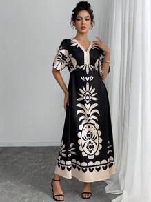 SHEIN Clasi Elegant Lady Placement Printed Short Sleeve Dress - Black - View 4