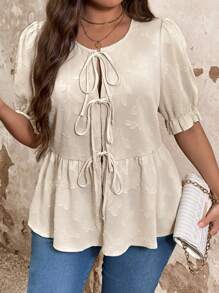 SHEIN LUNE Camisa casual de talla grande con anudado en unicolor y diseño jacquard - Albaricoque - Ver 3