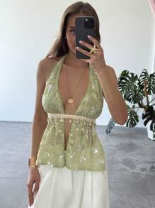 Aloruh 全新夏季性感露背吊带背心复古波西米亚贝壳肩带装饰深 V 背心 - 綠色 - 查看 3