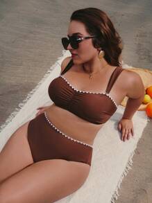 Elaquor 加大码夏季度假海滩撞色边褶饰胸围比基尼套装 - 咖啡棕 - 查看 4