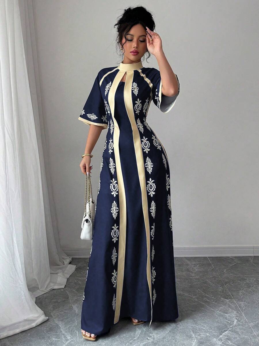 Rafferiza Women's Middle Eastern Style Retro Print Loose Casual Long Robe - Navy Blue - View 1