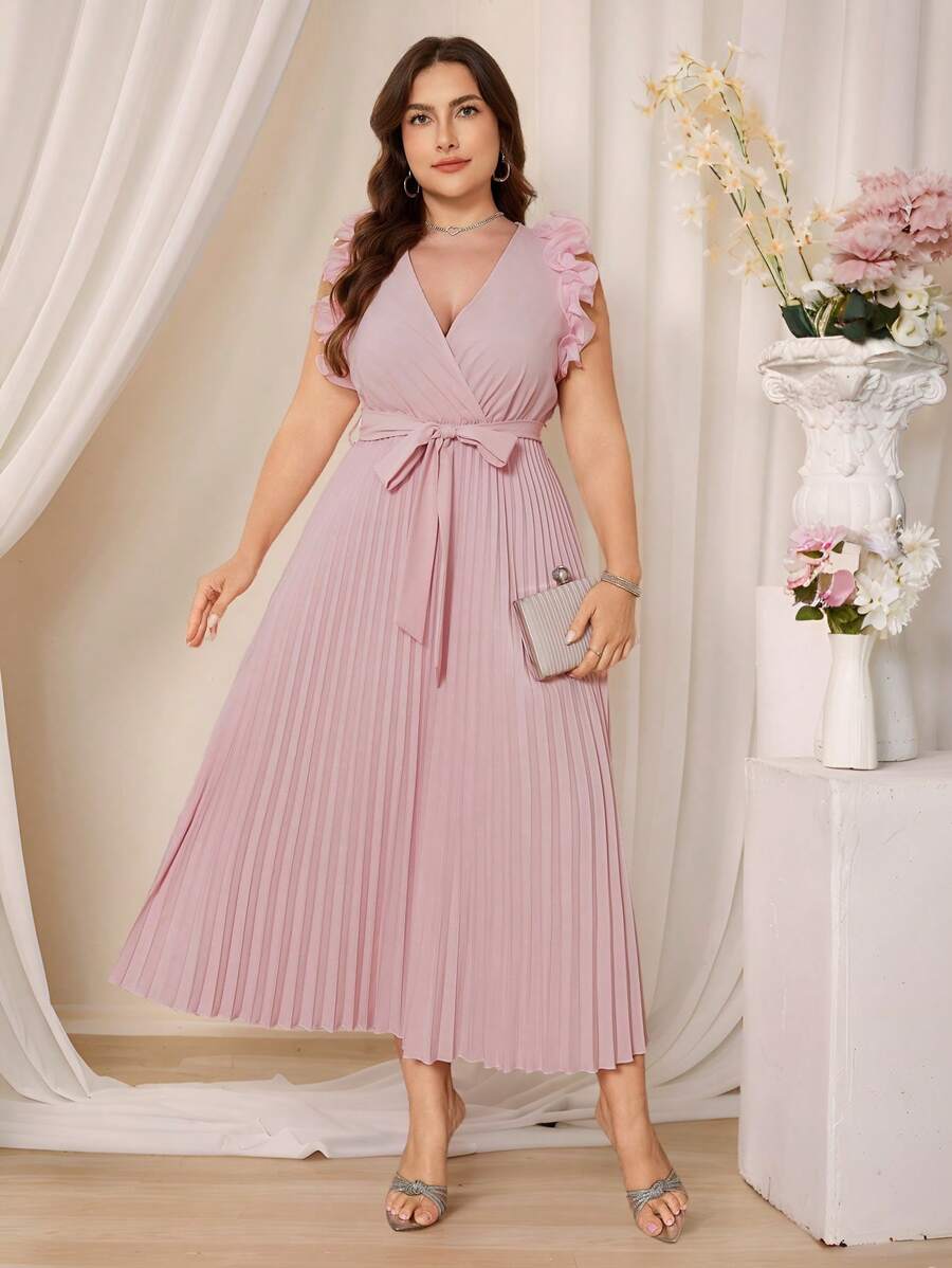 SHEIN Clasi Plus Size Enfärgad V-hals Plisserad midja Elegant klänning - Aprikos - Visa 1