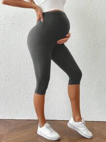 SHEIN Maternity Solid Ribbed Cropped Leggings,Maternity Clothes - Dark Grey - View 4