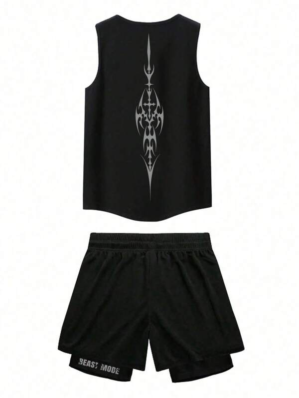 Manfinity Sport Polished Men's Graphic Print Crew Neck Tank Top And Shorts Sports Suit Workout Clothes Running Sets