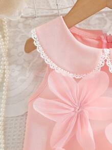 Baby Girls' Peter Pan Collar Sleeveless A-Line Dress,Pink Summer Elegant Layered Party 3D Floral Embellishments Comfortable Dress For School Events - Pink - View 4