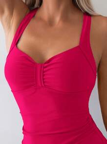 Swim Basics 1pc Women's Summer Beach Vacation Ruched Back Criss-Cross One-Piece Swimsuit