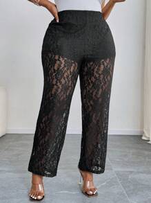 SHEIN PETITE CURVE Pantaloni dritti con vita elastica e stampa floreale in pizzo, taglie comode per donne