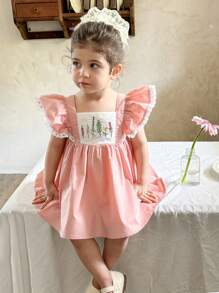 LMoss Kids Baby Mädchen Gestricktes Kleid mit Kontrast-Farbstickerei, quadratischem Kragen und Rüschenbesatz