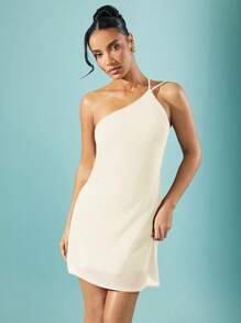 Hauture Solid Chiffon One Shoulder Draped Open Back Mini Dress,Party Dress