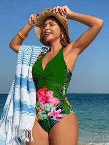 Swim Lushoire Women's Halter V-Neck Solid Color Patchwork Floral Print Front Twist One-Piece Swimsuit For Summer Beach Vacation - Army Green - View 6