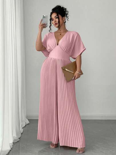 Elenzga Plus Size Women V-Neck Wide Leg Pleated Jumpsuit
