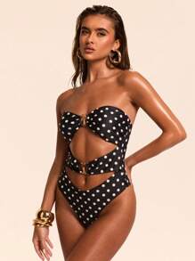 SHEIN BAE Women's Swimsuit With Golden Buckle, Black & White Polka Dot Print, Halter Design, One-Piece Swimwear For Summer Vacation, Party, Elegant & Sexy/Polka Dot/High Waisted Bikini/Tummy Control Swimsuit - Black and White - View 4
