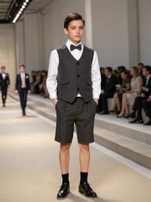 3pcs Set: Gentleman's Casual Vest, Shirt And Shorts Outfit For Tween Boy Suitable For Spring/Summer Formal Occasions, Birthday Party