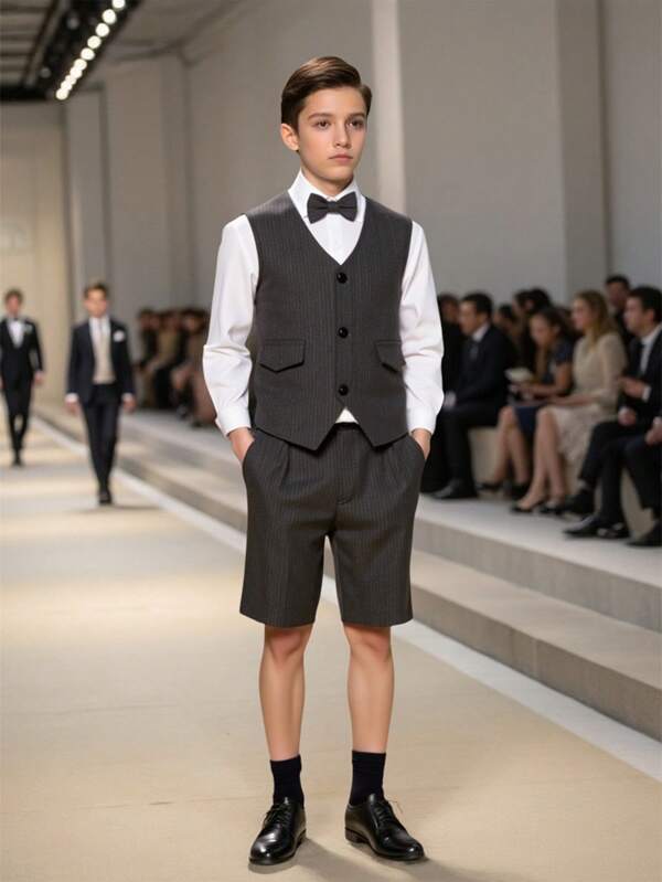 3pcs Set: Gentleman's Casual Vest, Shirt And Shorts Outfit For Tween Boy Suitable For Spring/Summer Formal Occasions, Birthday Party