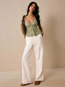 Poéselle Women's Summer Vacation Floral Embroidery Textured Ruffle Hem Camisole, Vacation Outfits Woman, Open Back Top, Peplum Top, Cute Summer Tops, Going Out Tops, Boho Women's Clothing, European Summer