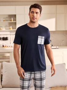 SHEIN Men's Pocket Tee & Plaid Print Pants Pajama Set, Boyfriend Gifts, For Christmas - Navy Blue - View 5