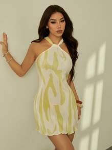 SHEIN PETITE Vestido corto de verano con estampado gráfico y acabado de volantes en el cuello - Mostaza Amarilla - Ver 3