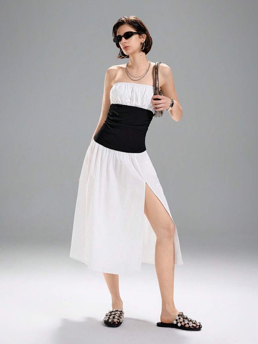 LYSMO Women's Color Block Woven Knit Spliced Slit Dress - Spring/Summer 2025 New Arrival