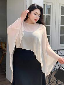 Dazy Plus Plus Size Crew Neck Sheer Batwing Sleeve Asymmetrical Hem Elegant Sheer Top,Crop Tops Women