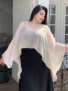 Dazy Plus Plus Size Crew Neck Sheer Batwing Sleeve Asymmetrical Hem Elegant Sheer Top,Crop Tops Women